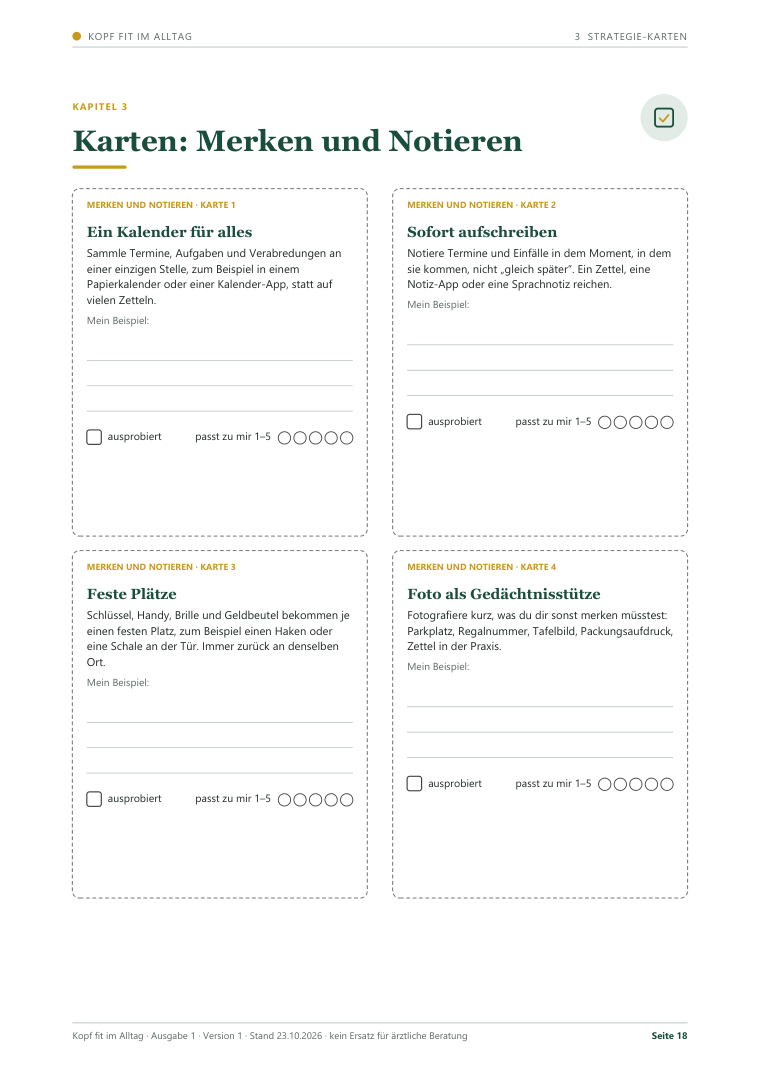 Musterseite aus dem Heft Kopf fit im Alltag: Kapitel 3, vier Strategie-Karten zum Merken und Notieren (Ein Kalender für alles, Sofort aufschreiben, Feste Plätze, Foto als Gedächtnisstütze) mit Feldern für ein eigenes Beispiel, ausprobiert und passt zu mir